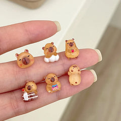 Kawaii 6Pairs Capybara Earrings Set, Cute Cartoon Fashion Accessory for Women and Girls detail view