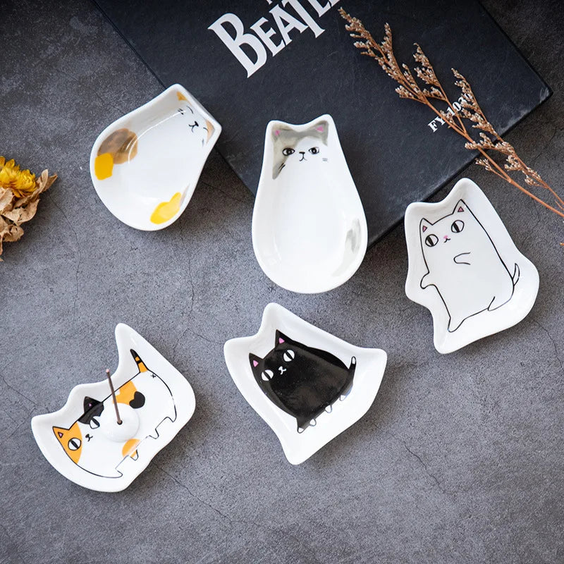 Japanese Ceramic Cat Incense Tray and Sauce Dish | Cute Animal Seasoning Plate for Ki alternate view