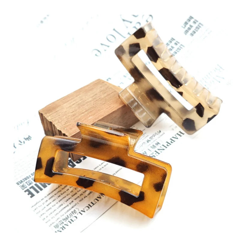 2Pcs Elegant Leopard Print Rectangular Plastic Shark Hair Claw Clips, Women Hair Accessories for Hair Styling