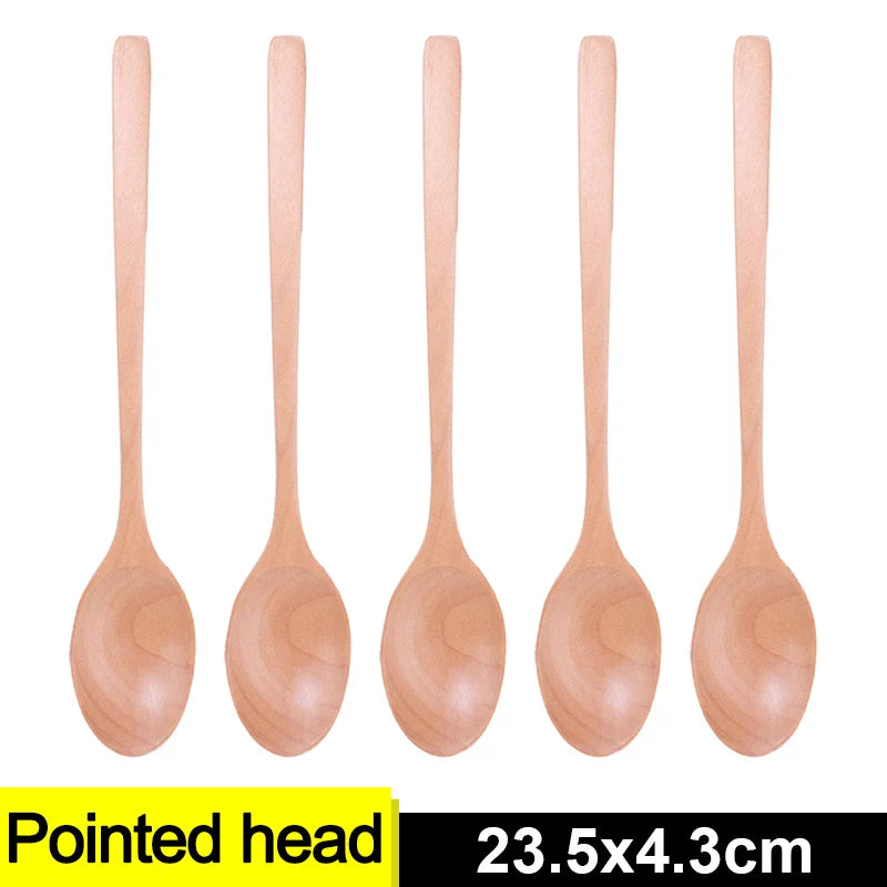 Long Handle Wooden Spoon Set | Natural Wood Soup Scoop for Cooking and Stirring close-up view