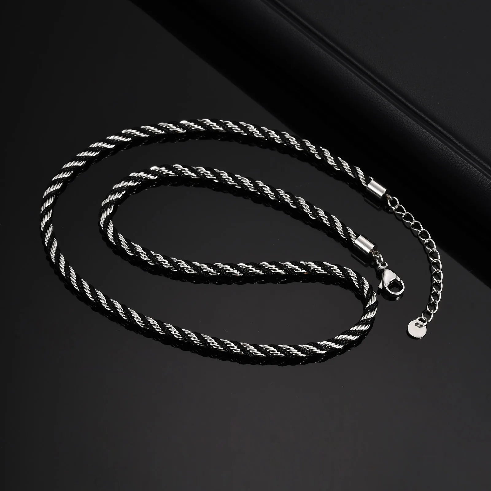 Men's Twisted Chain Necklace | Black Silver Stainless Steel Rope Link detail view