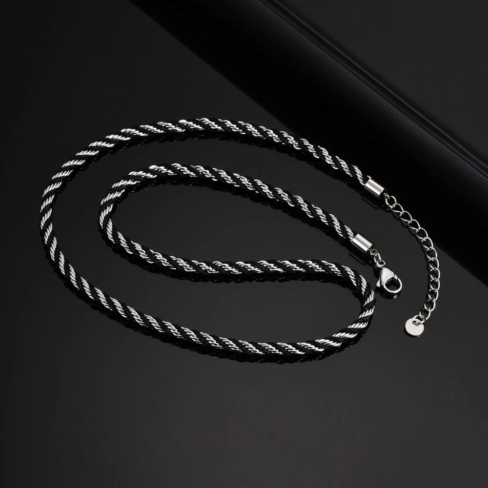 Men's Twisted Chain Necklace | Black Silver Stainless Steel Rope Link detail view