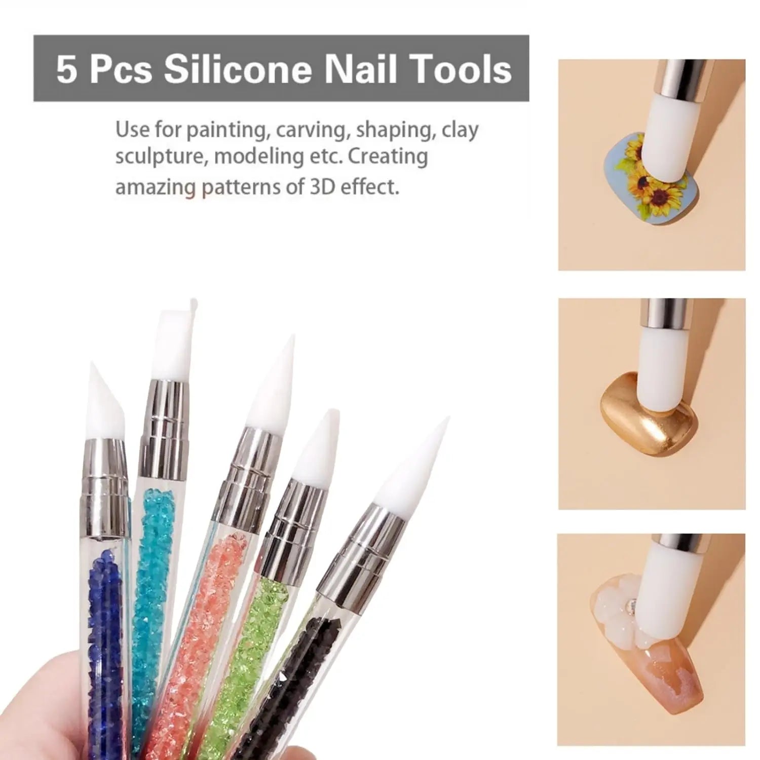 1/5 Pcs Silicone Nail Tools Dual Tipped Nail Art Sculpture Pen Rhinestone Nail Poli additional angle