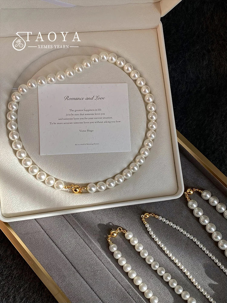 Girl’s Imitation Pearl Magnetic Round Buckle Beaded Choker Necklace | Elegant Collarbone Jewelry for