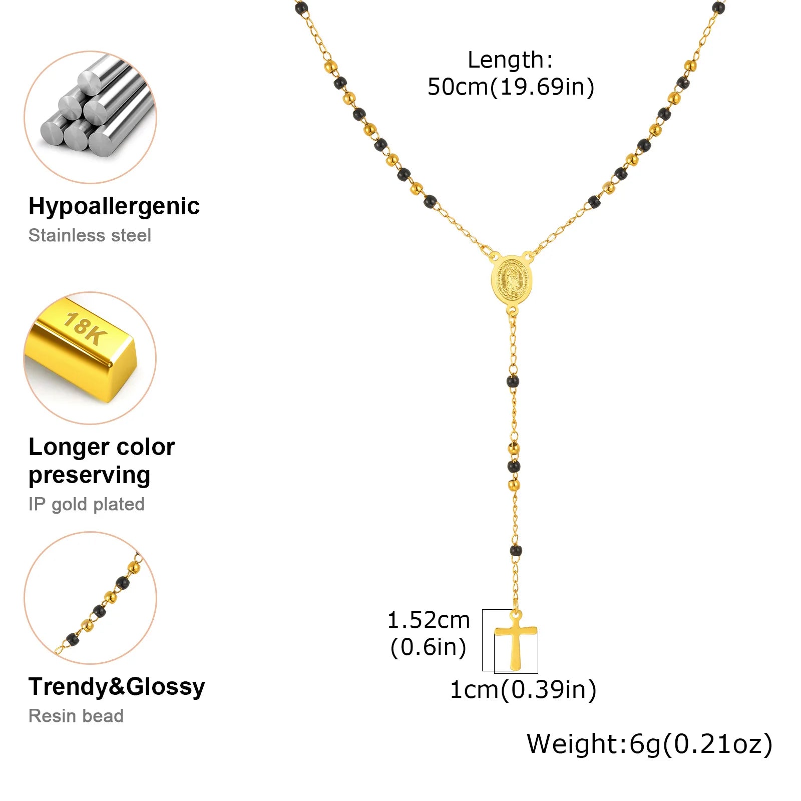 Colored Bead Y-Shaped Cross Necklace | Stainless Steel Catholic Rosary Jewelry for additional angle