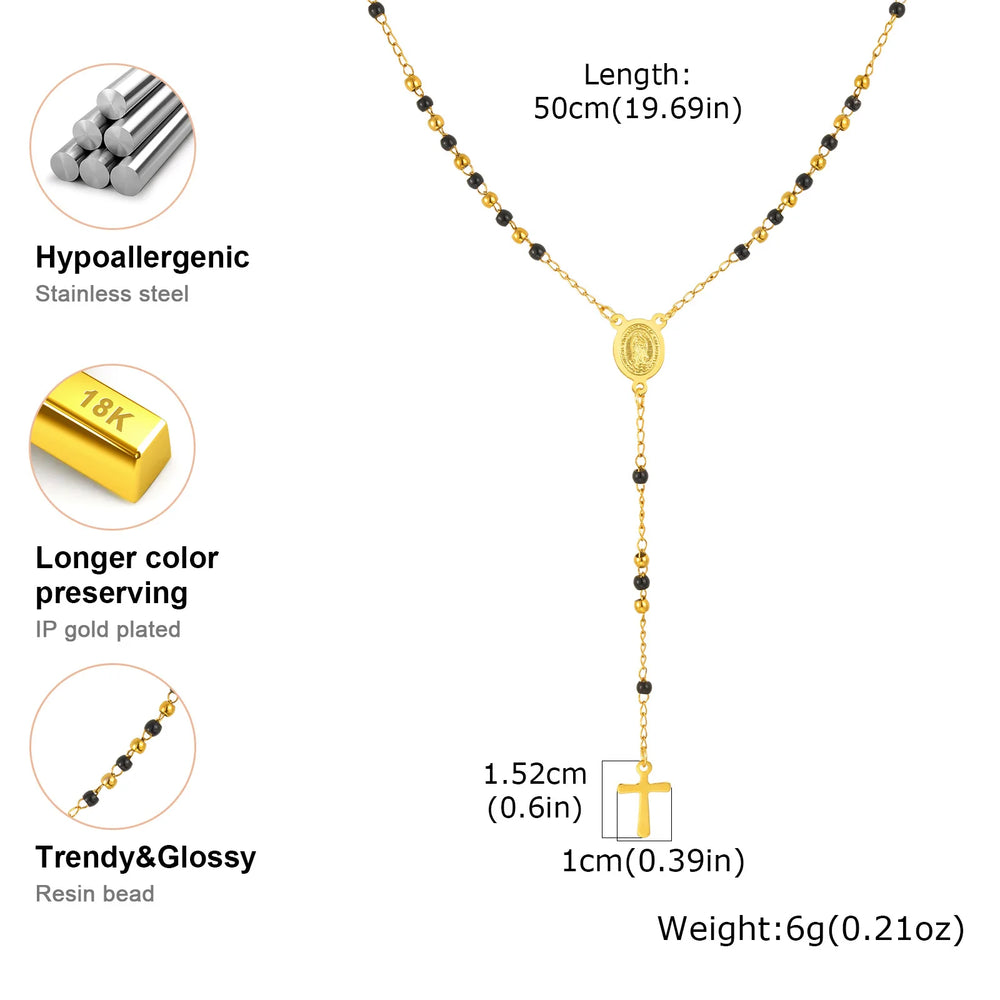 Colored Bead Y-Shaped Cross Necklace | Stainless Steel Catholic Rosary Jewelry for additional angle
