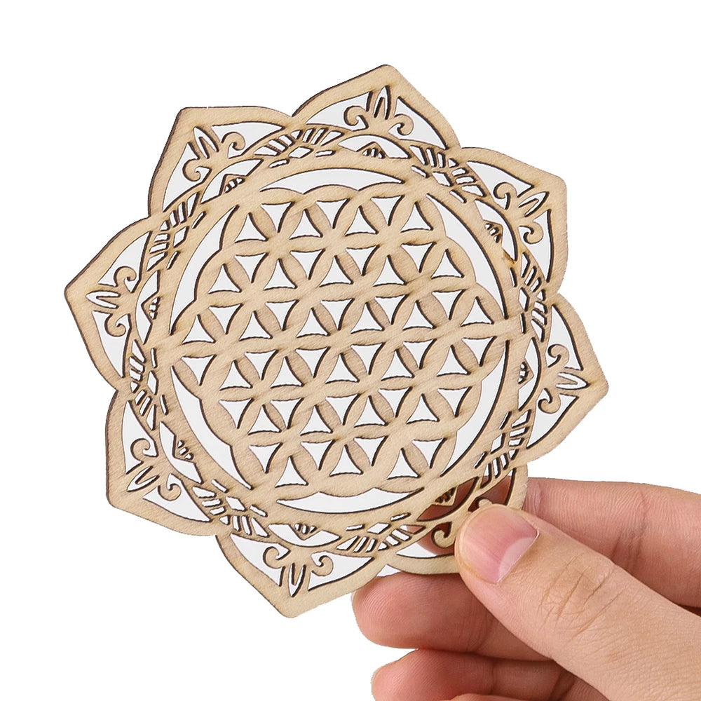 Wooden Chakra Board with Metatron Flower | Laser Engraved Meditation Coaster close-up view