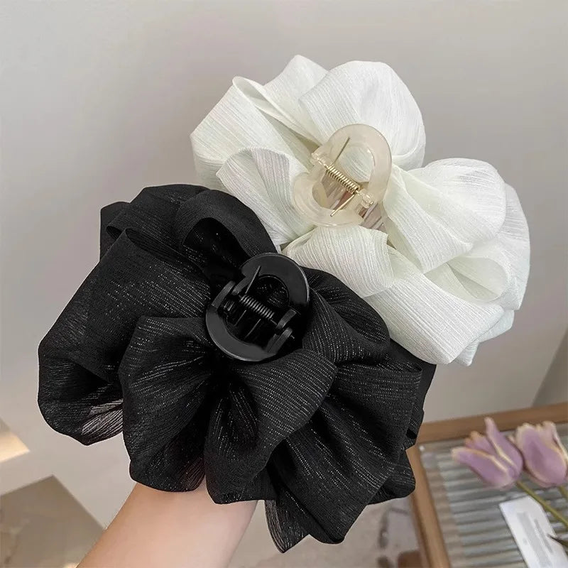 Elegant Mesh Large Hair Clip for Woman Solid Color Back of The Head Shark Clip Fash additional angle