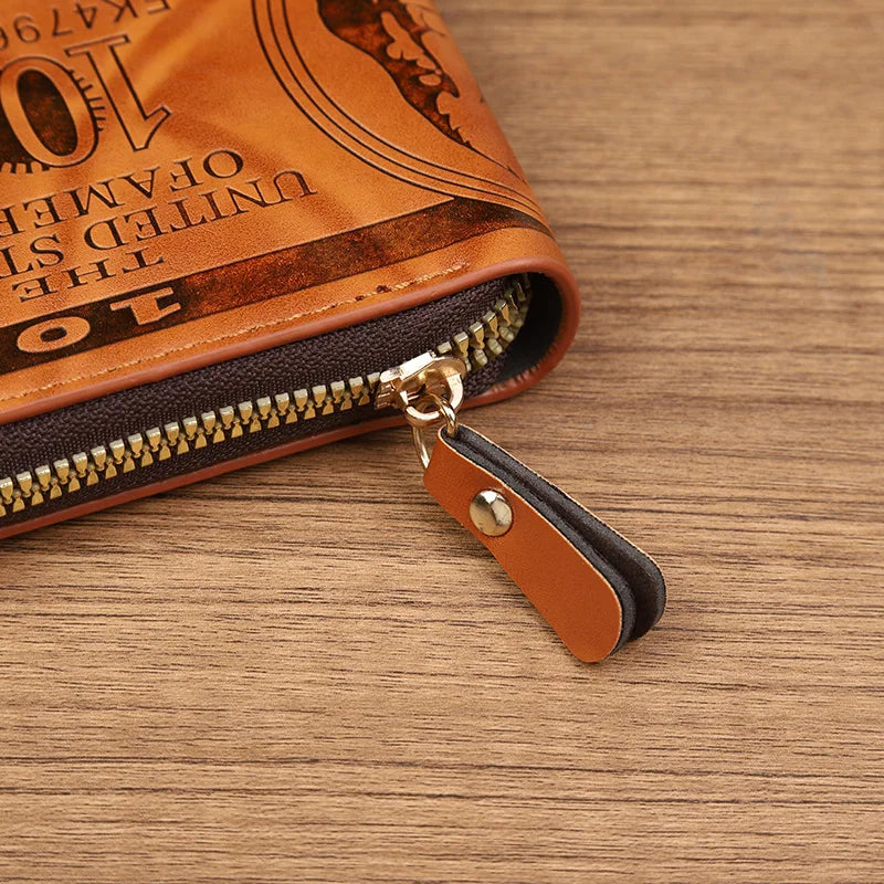 CEXIKA Men's Leather Wallet | Zipper Clutch with Card Holder close-up view