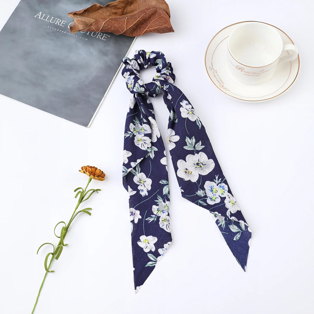 Fashion Flower Print Bow Satin Long Ribbon Ponytail Scarf Tie Scrunchies Women Girls Ela detail view