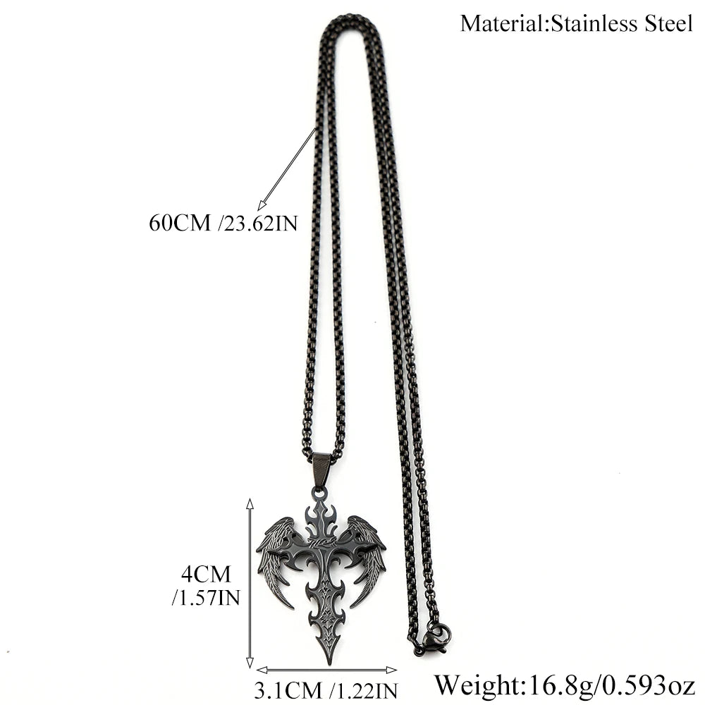 Gothic Punk Angle Wing Spiked Cross Pendant Necklace For Women Men Stainless Steel Bla close-up view