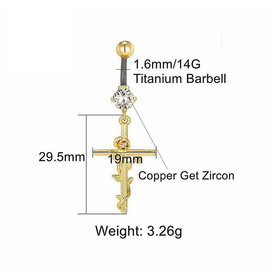 Internal Thread Titanium Navel Rings Dangle CZ Cross Jesus Mother Golden Belly Pierci alternate view