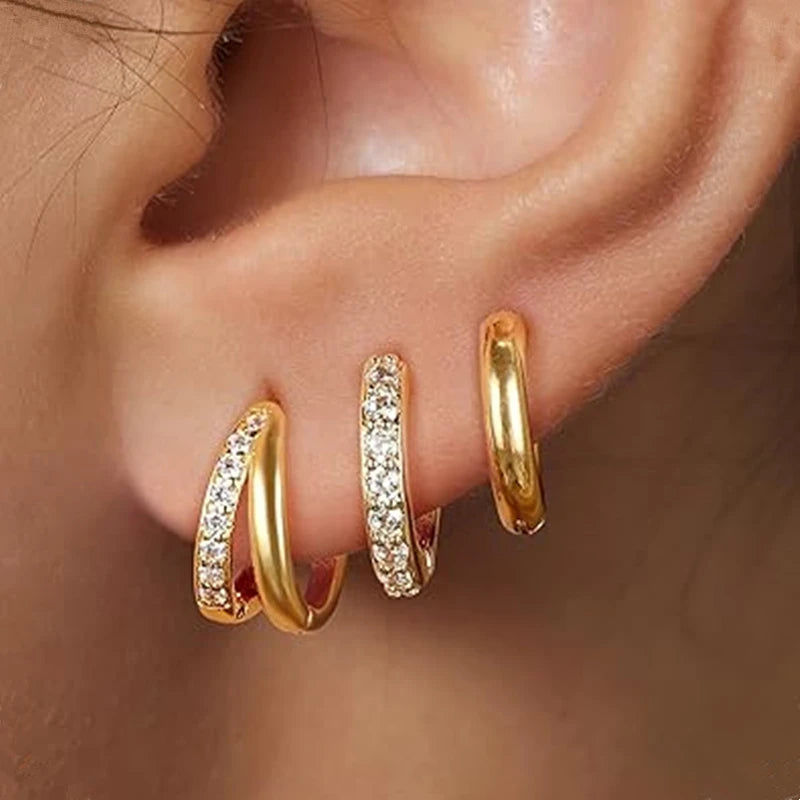 3PCS Shiny Crystal Huggie Hoop Earring Set | Fashion Cartilage Hoop Earrings for Women close-up view
