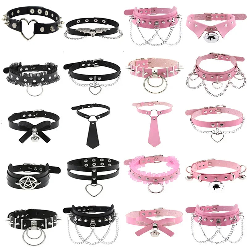 Pink Harajuku Gothic Spike Rivet Star Necklaces Collares Hip Hop Rock Black Bowknot PU Lace Leather