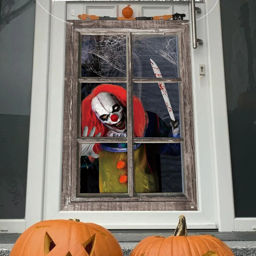 Scary Clown Window Clings | Washable Window Decor for Halloween lifestyle view