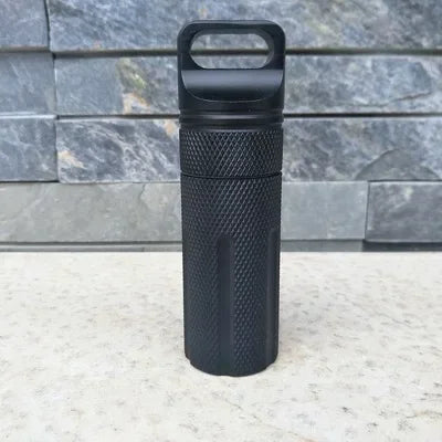 Aluminium Survival Pill Bottle | Waterproof Emergency First Aid Container close-up view