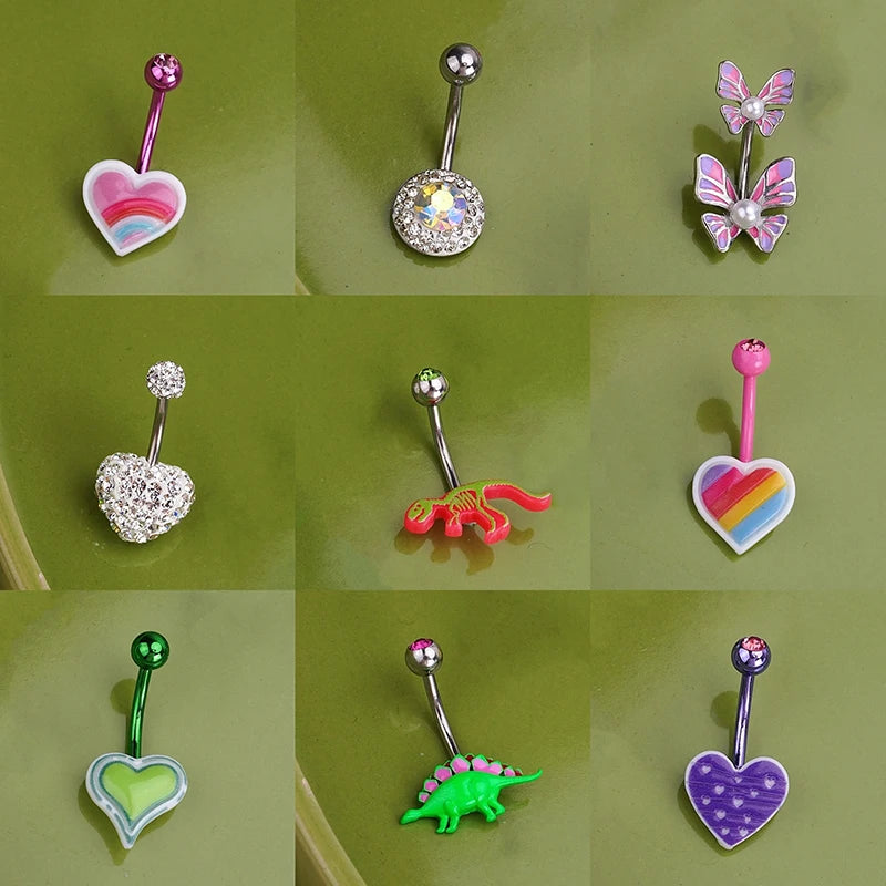 Sweet Dinosaur Navel Ring Zircon Heart Strawberry Belly Button Ring For Women Body Pie close-up view