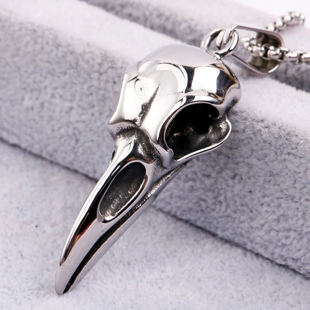 Viking Crow Skull Pendant Necklace | Stainless Steel Punk Jewelry for Men and Women close-up view
