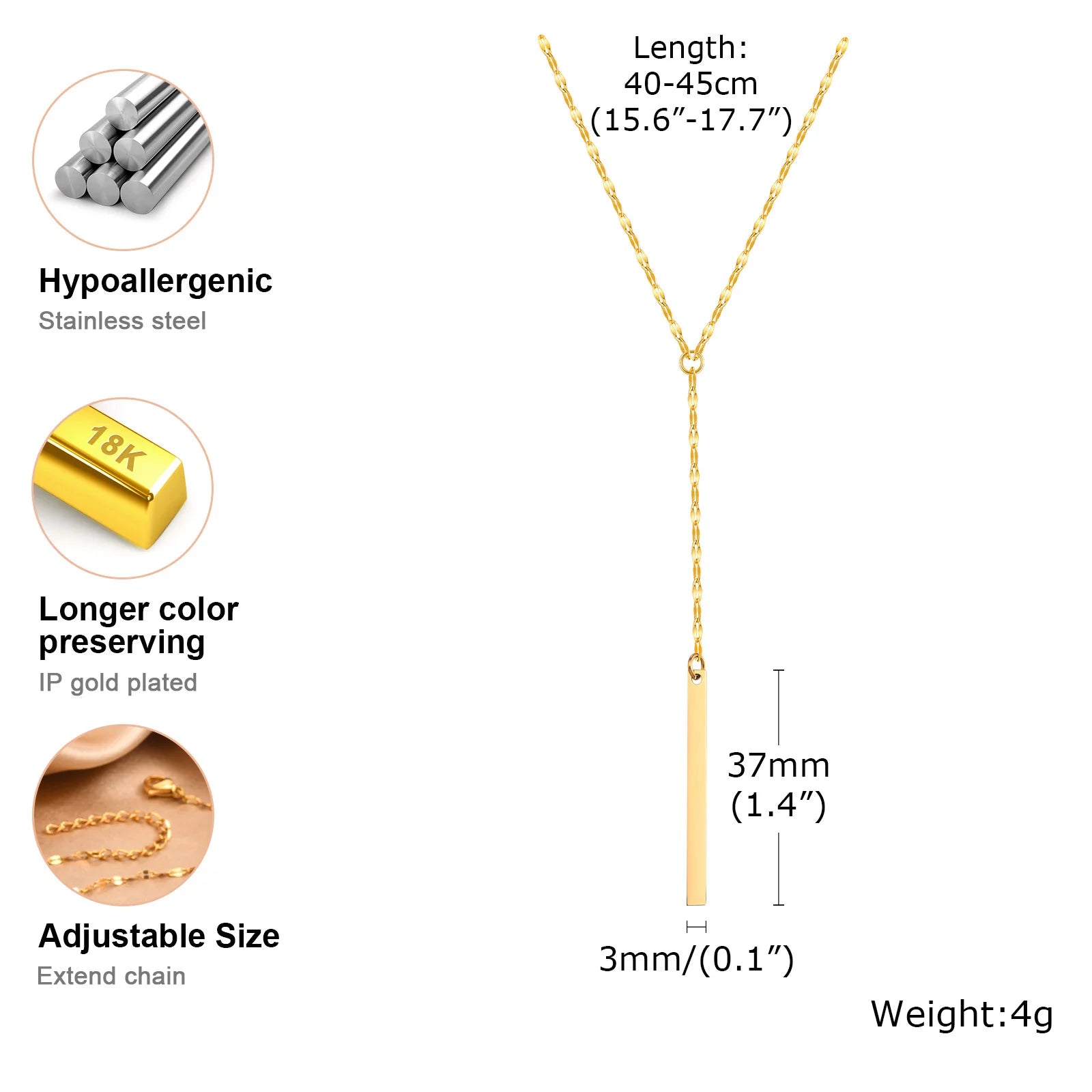 Drop Y Lariat Necklace with Bar Pendant, Stainless Steel Long Chain, Womens Necklaces Tr detail view