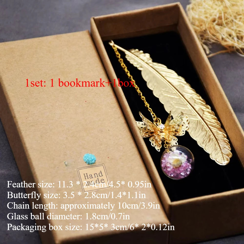 1Pcs Metal Feather Bookmark with Dried Flower Butterfly Boxed ,Teacher's Day Gift, St alternate view