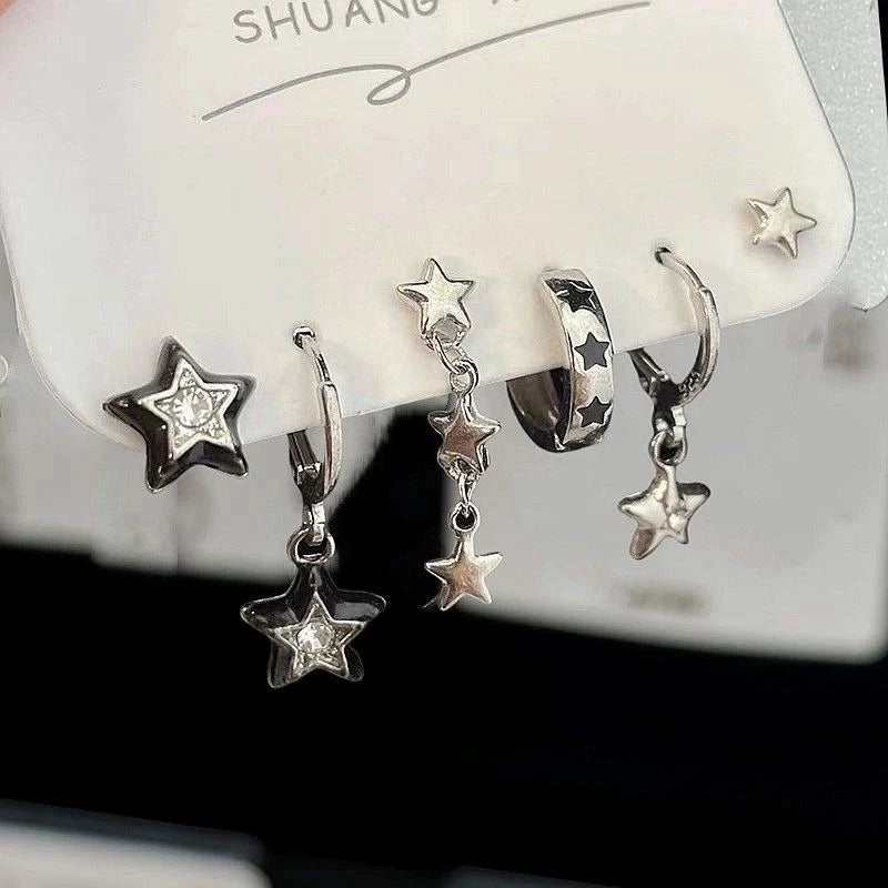 6PCS Goth Punk Vintage Aesthetic Crystal Heart Moon Cross Star Pendant Earrings Set additional angle