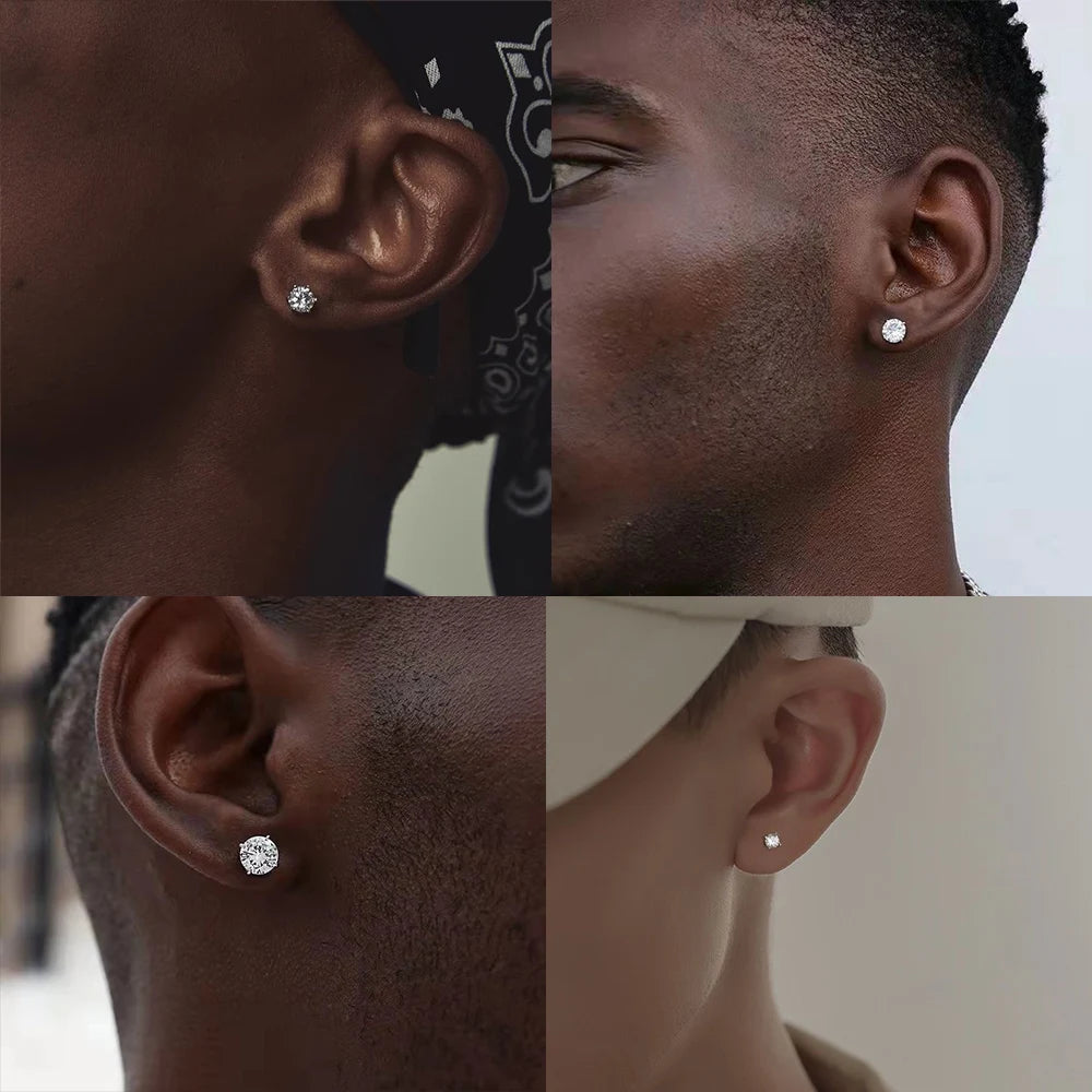 LUXUSTEEL Crystal Zircon Stud Earrings | Screw Back Round CZ Earrings for Men Women lifestyle view