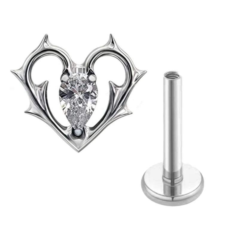 G23 Titanium Lip Piercing Stud Earring with Heart Design Teardrop CZ Nose Stud Interna close-up view