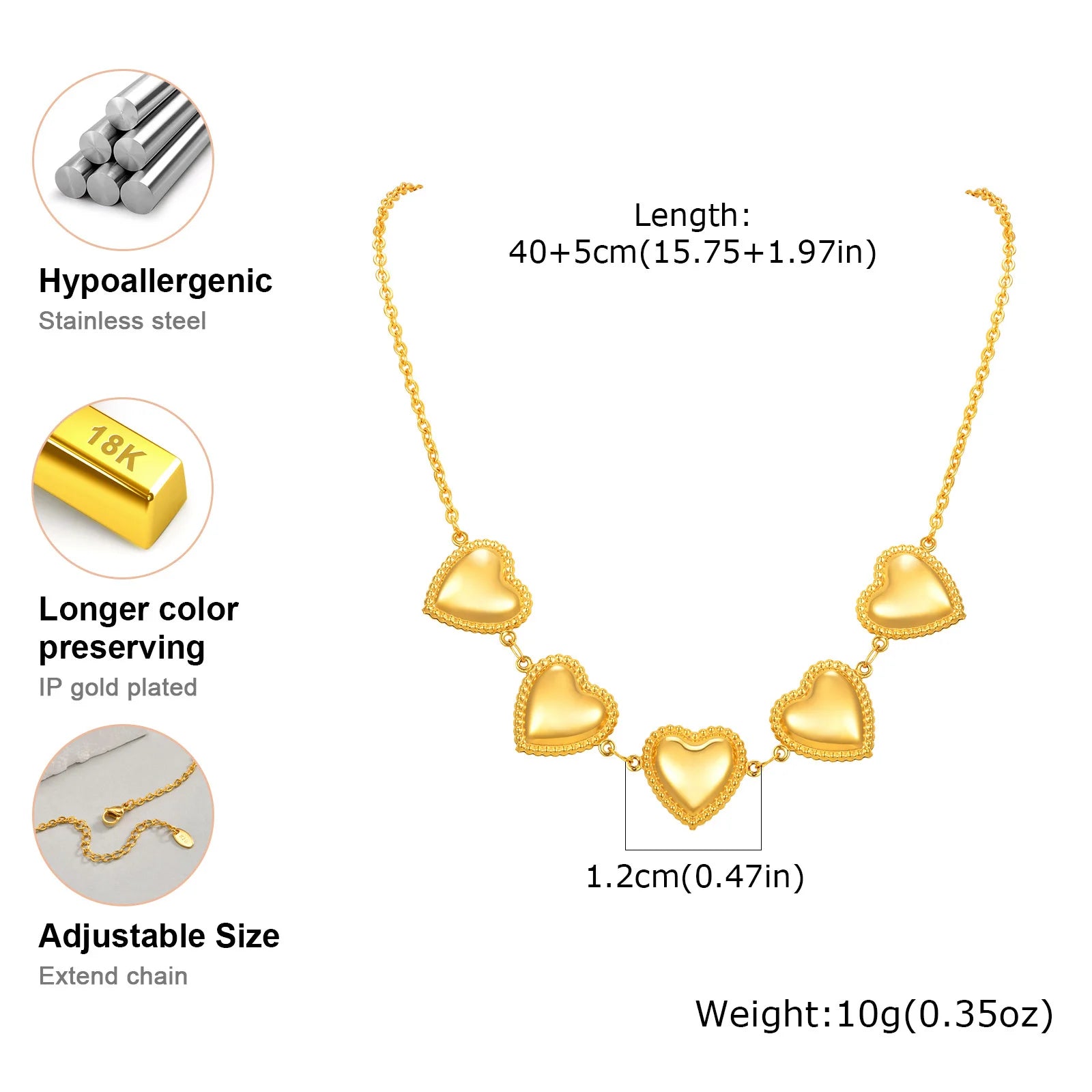 Waterproof Stainless Steel Heart Statement Necklace for Women, Non Tarnish 18k Gold P alternate view