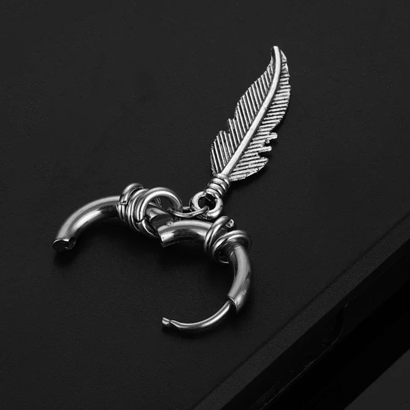 Cross Feather Stud Earrings Set | Unisex Stainless Steel Punk Jewelry detail view