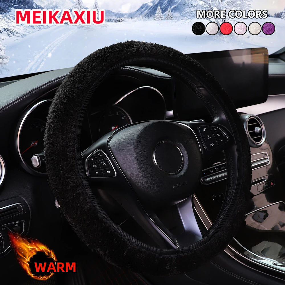 1 Winter Short Plush Comfort Hand Warmer Car Without Inner Ring Steering Wheel Cover Fits 15' Automo