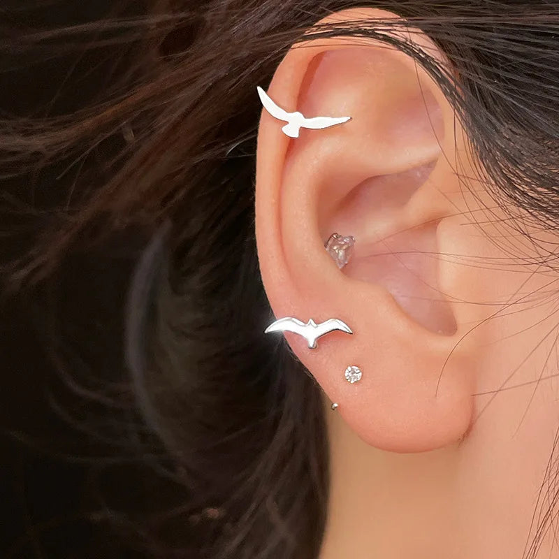 Asymmetrical Small Seagull Earrings Delicate Stylish 925 Silver Earrings Minimalist a alternate view