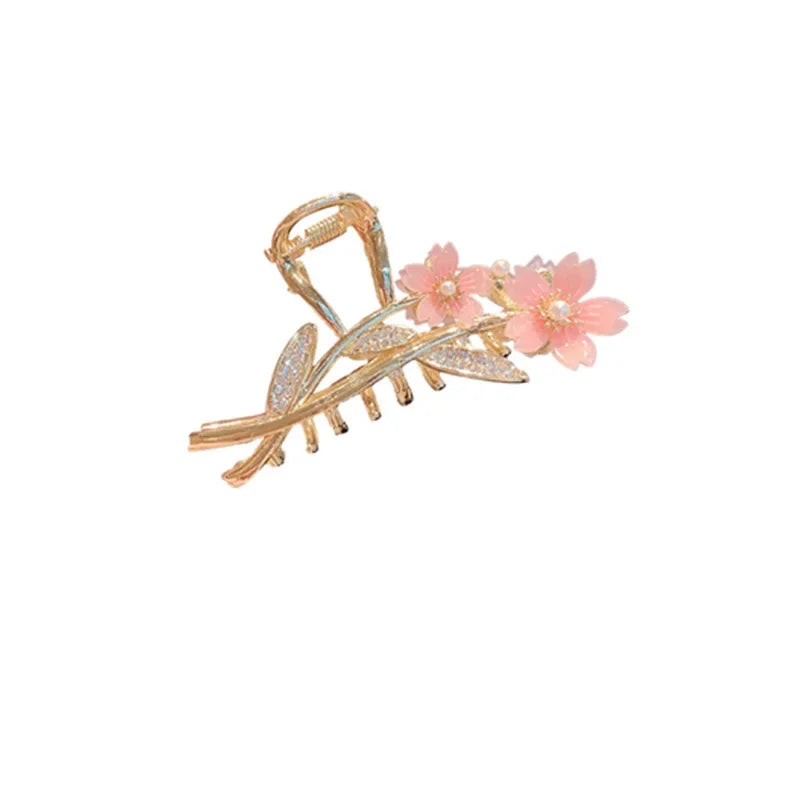 Shiny Rhinestone Pearl Sakura Hair Clip Women's Back of Head Flower Hair Claw Elegant lifestyle view