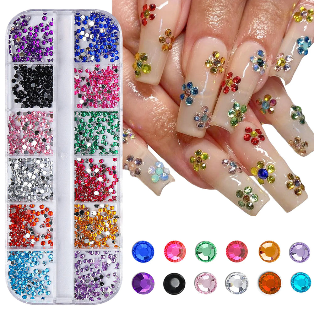 12 Cell Sparkling Crystal Nail Art Beads - Flat Base Stones for Multi‑scene Embellishment - Decorate