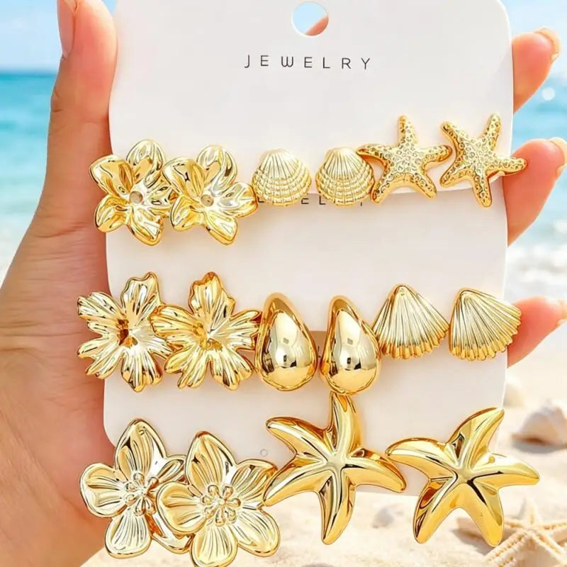 2/3/8 Pairs Golden Bohemian Earring Set, Elegant Stylish Statement Earrings with Flower, Starfish an