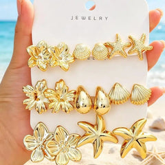 2/3/8 Pairs Golden Bohemian Earring Set, Elegant Stylish Statement Earrings with Flower, Starfish an