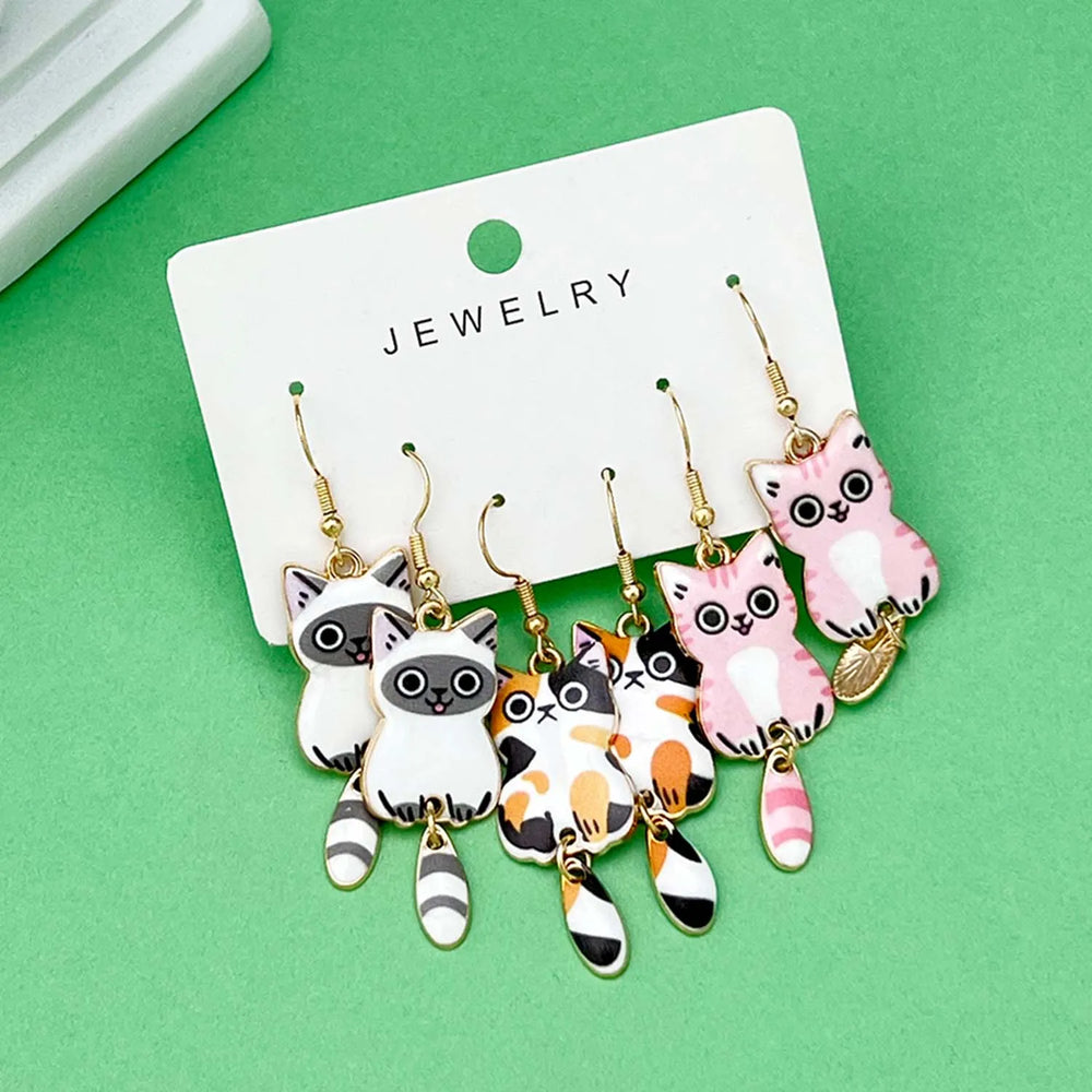 Fashionable Enamel Cat Earrings Set | 3 Pairs Cute Cartoon Drop Earrings for Women and close-up view