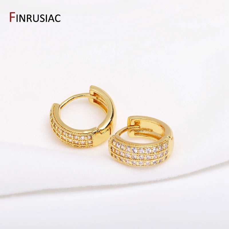 Gold Plated Brass Simple Hoop Earrings High Quality Women Earrings, Inlaid Zircon T additional angle