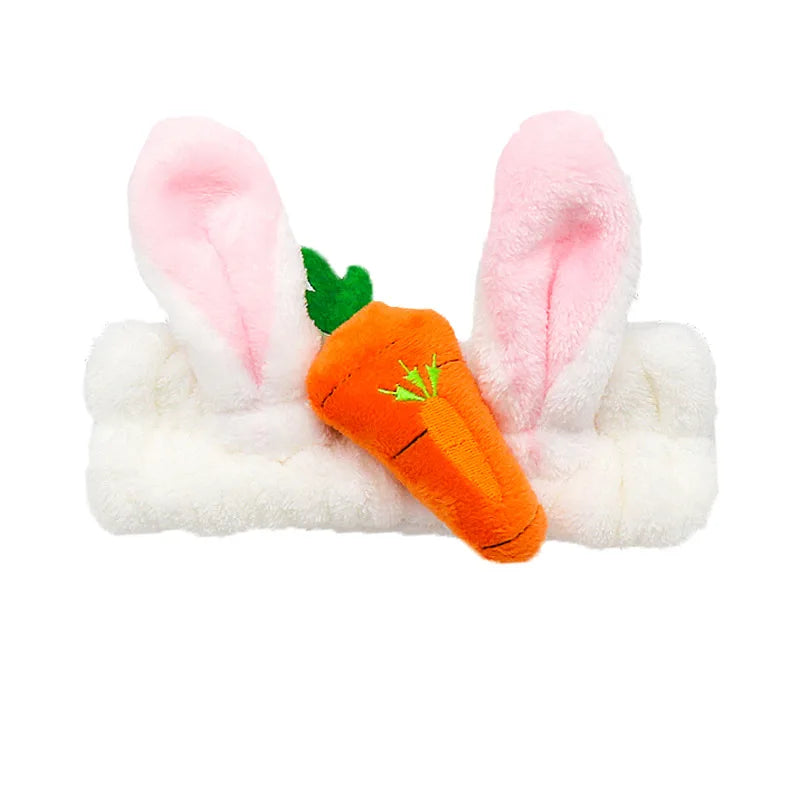 Cute Red Horns Elastic Hairbands for Women Wash Face Sport Soft Plush Rabbit Ears Head close-up view