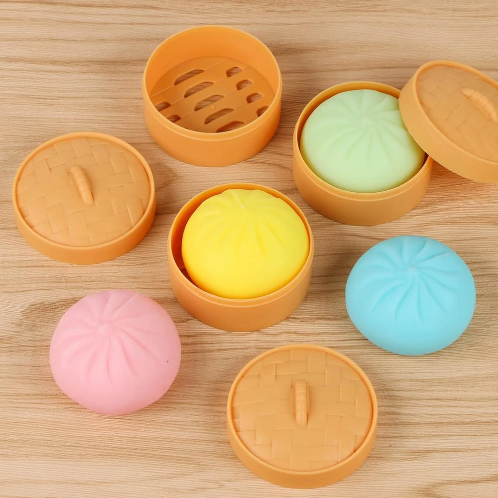 Colorful Dumpling Squishy Stress Ball | Simulation Food Bun with Steamer Fidget Toy close-up view