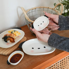 Cute Puppy Shaped Sushi Plate and Dipping Dish Set | 8 Inch Oval Ceramic Dinnerware close-up view