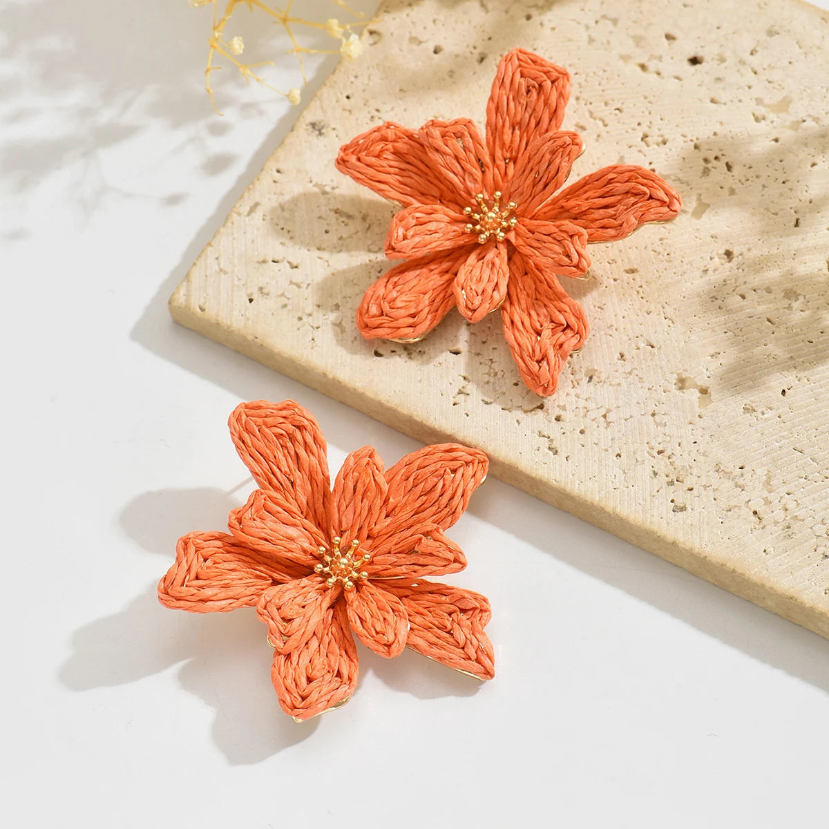 Boho Handmade Raffia Flower Earrings | Unique Summer Floral Drop Earrings for Women alternate view