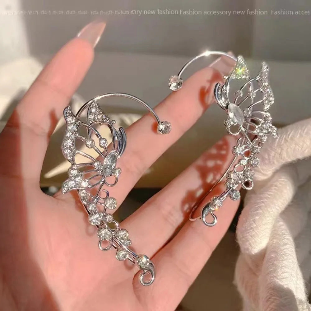 Sparkling Crystal Elf Butterfly Ear Cuff Without Piercing Clip Earrings Elegant Ear Cl close-up view