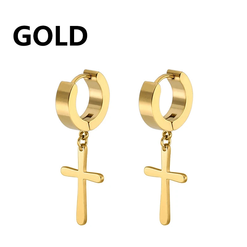 2pc Stainless Steel Men Cross Stars Punk Dangle Earrings Gothic Woman Cross Ear Hoo additional angle