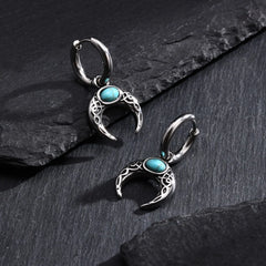 Vintage Moon Earrings for Men | Green Stone Stainless Steel Hoop Jewelry close-up view