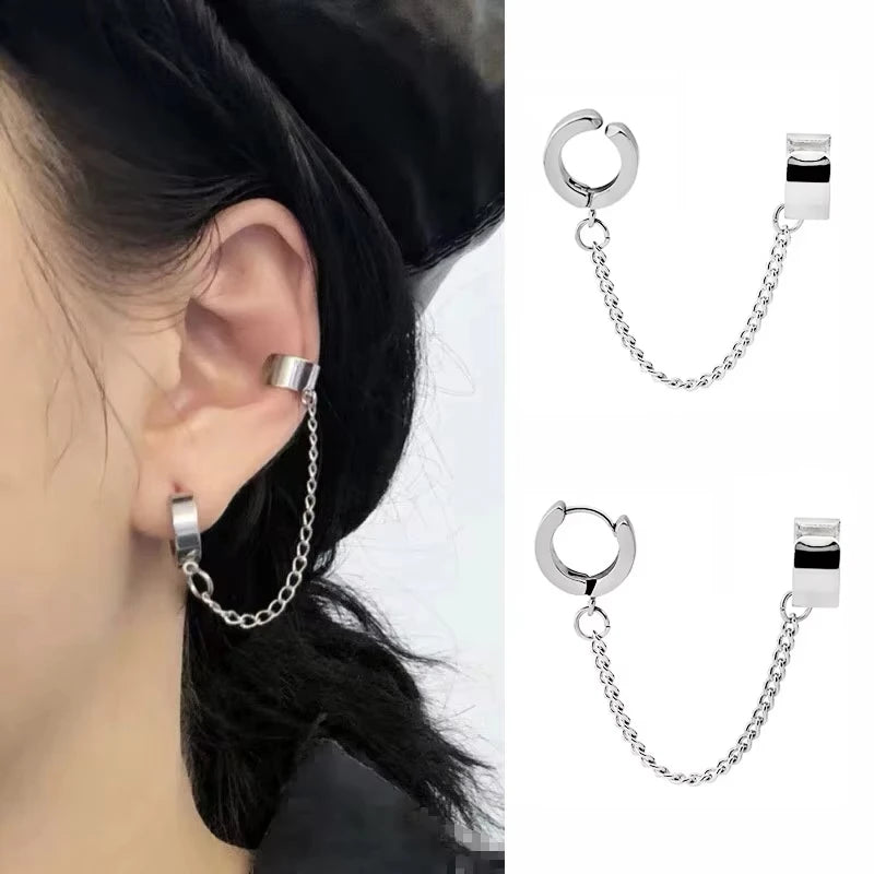 1pc Clip Earrings with Chain Stainless Steel for Women Men Punk Tassel Hoop Ear Cuffs Painless Non P