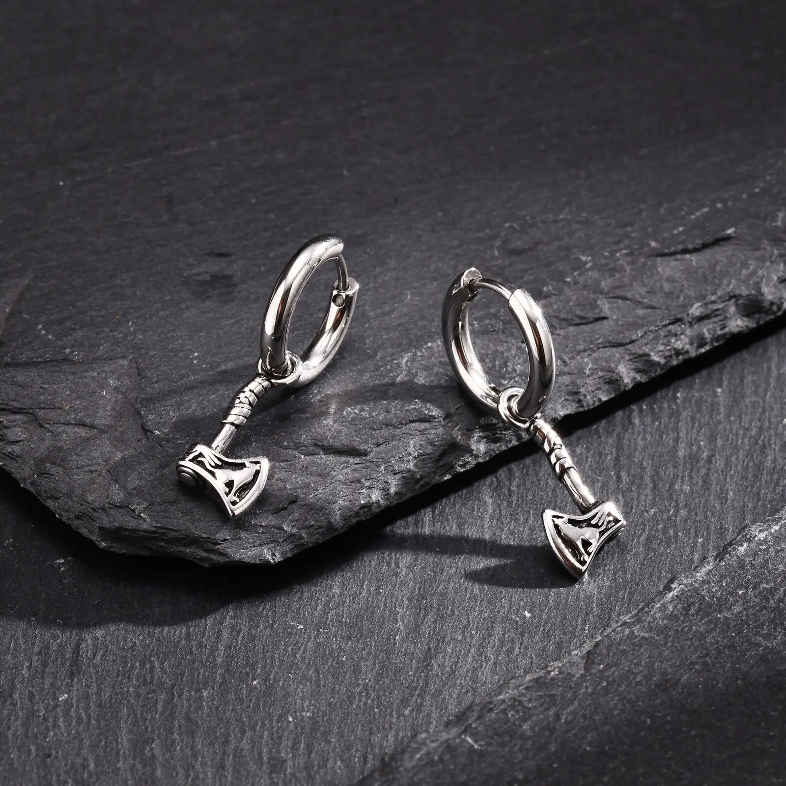 VNOX Viking Axe Hoop Earrings | Stainless Steel Men's Drop Dangle Earrings lifestyle view