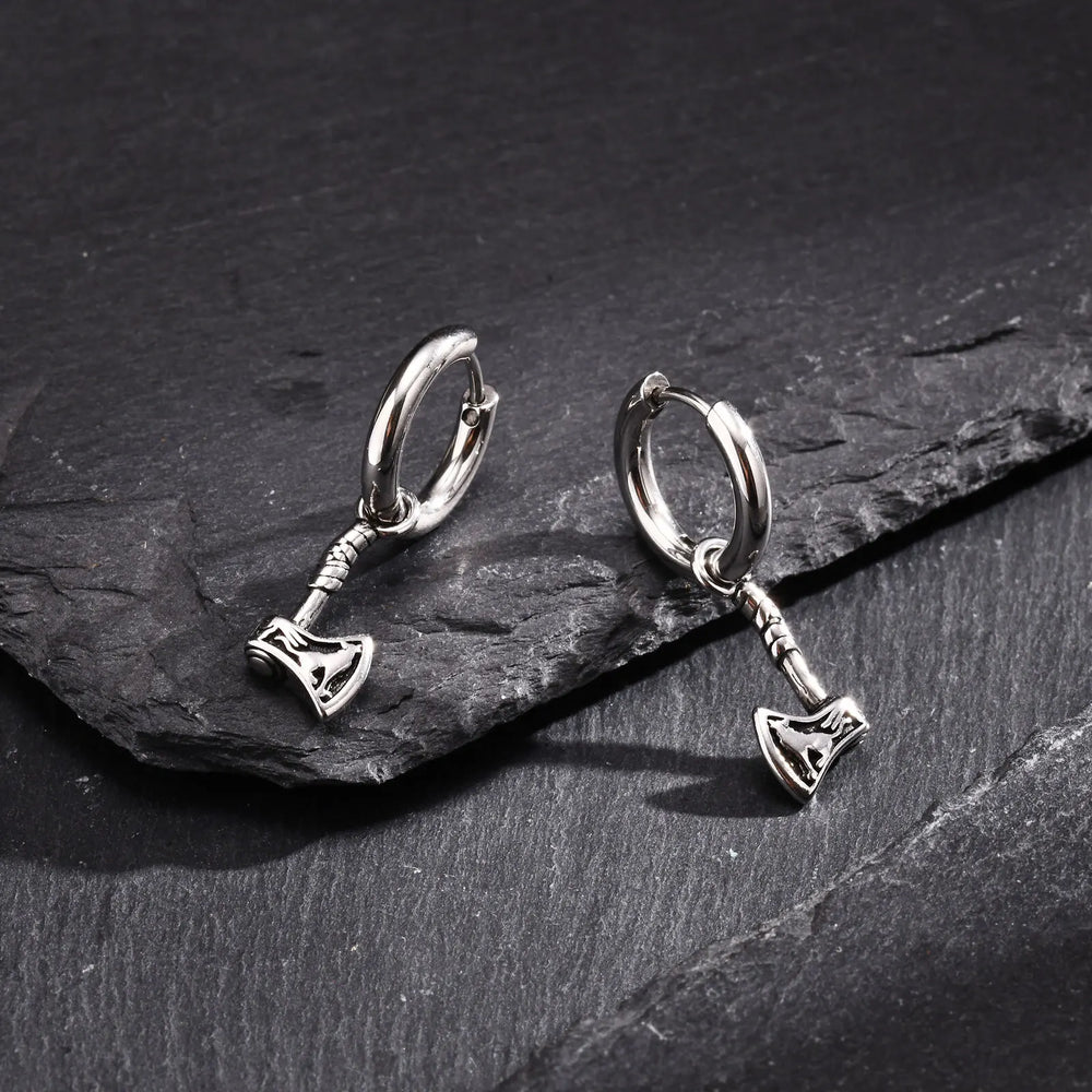 VNOX Viking Axe Hoop Earrings | Stainless Steel Men's Drop Dangle Earrings lifestyle view
