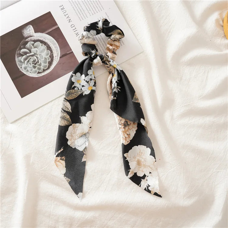 Fashion Leopard Print Bow Satin Long Ribbon Ponytail Scarf Hair Tie Scrunchies Women G close-up view