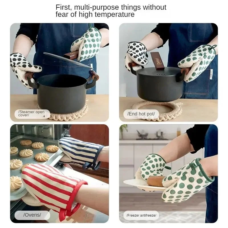 Polka Dot Heat Resistant Oven Mitts | Japanese Style Microwave Safe Kitchen Gloves alternate view