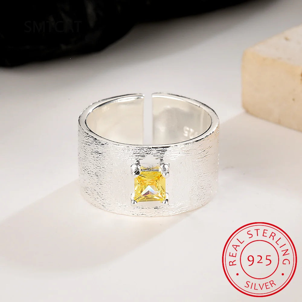 Real 925 Sterling Silver Square Citrine Gemstone Frosted Wide Opening Ring For Women Wed detail view